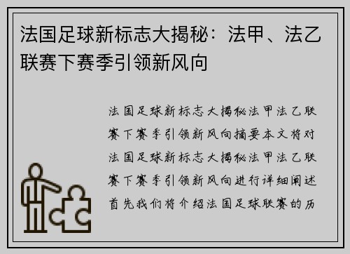 法国足球新标志大揭秘：法甲、法乙联赛下赛季引领新风向